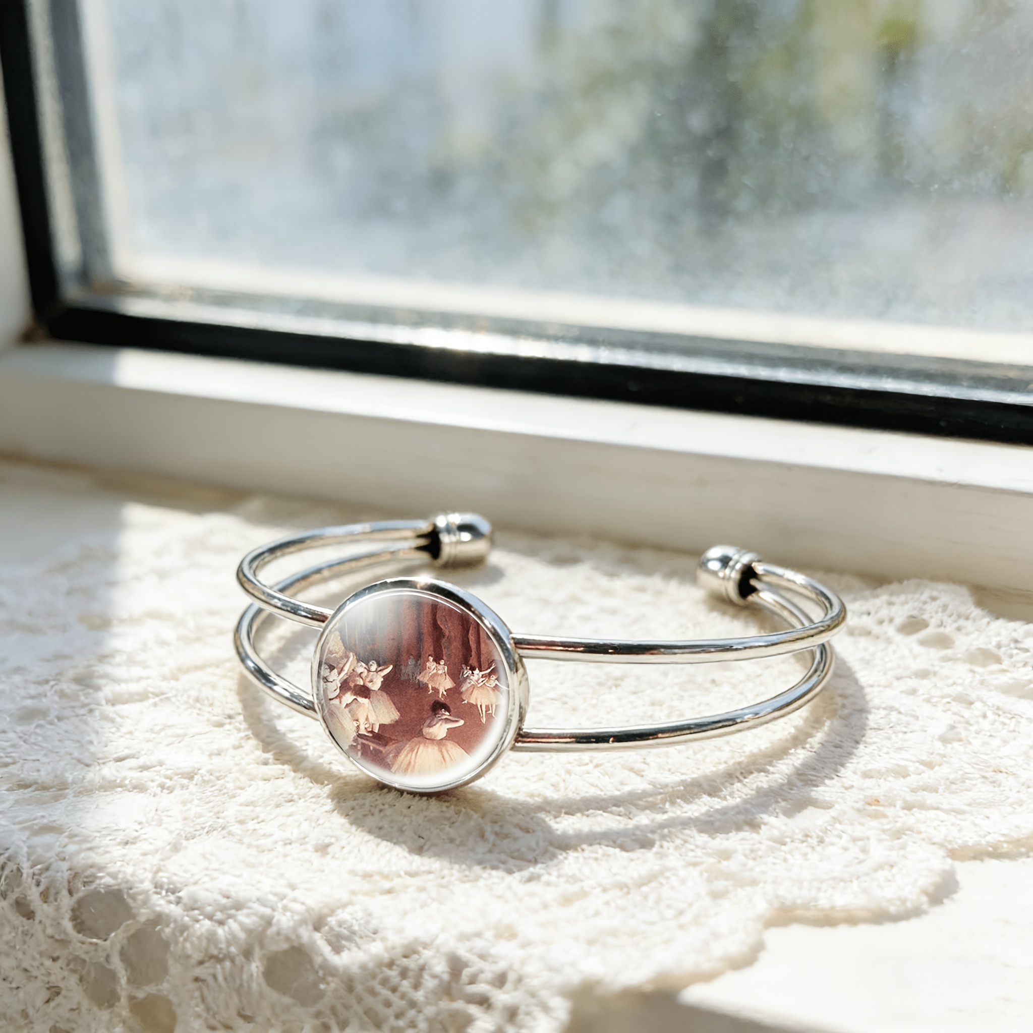 Women's Adjustable Open Bangle with Ballerina Emblem & Pink Tulle Design